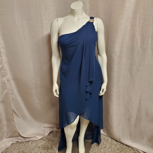 Navy One-Shoulder Chiffon Gown - Picture 1 of 7